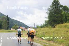 02.07.2024, Premanon, France (FRA): Oscar Lombardot (FRA), Eric Perrot (FRA), Fabien Claude (FRA), (l-r) - Biathlon summer training, Premanon (FRA). www.nordicfocus.com. © Manzoni/NordicFocus. Every downloaded picture is fee-liable.