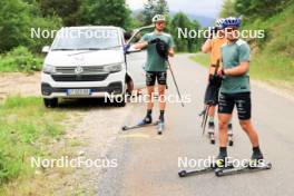 02.07.2024, Premanon, France (FRA): Eric Perrot (FRA), Fabien Claude (FRA), Oscar Lombardot (FRA), (l-r) - Biathlon summer training, Premanon (FRA). www.nordicfocus.com. © Manzoni/NordicFocus. Every downloaded picture is fee-liable.