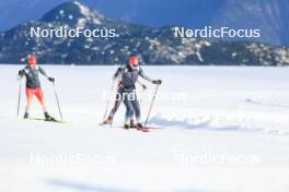 14.10.2024, Ramsau am Dachstein, Austria (AUT): Sandra Flunger (AUT) coach Team Switzerland, Elisa Gasparin (SUI), Silvano Demarmels (SUI), (l-r) - Biathlon summer training, Dachsteinglacier, Ramsau am Dachstein (AUT). www.nordicfocus.com. © Manzoni/NordicFocus. Every downloaded picture is fee-liable.