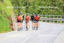 27.06.2024, Juf, Switzerland (SUI): Aita Gasparin (SUI), Joscha Burkhalter (SUI), Sebastian Stalder (SUI), Gion Stalder (SUI), Elisa Gasparin (SUI), (l-r) - Biathlon summer training, Juf (SUI). www.nordicfocus.com. © Manzoni/NordicFocus. Every downloaded picture is fee-liable.