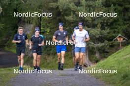 26.08.2024, Martell, Italy (ITA): Elia Zeni (ITA), Dorothea Wierer of Italy, Patrick Braunhofer (ITA), Didier Bionaz (ITA), Andrea Zattoni (ITA), coach Team Italy, Tommaso Giacomel (ITA), (l-r) - Biathlon summer training, Martell (ITA). www.nordicfocus.com. © Vanzetta/NordicFocus. Every downloaded picture is fee-liable.