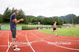 03.07.2024, Saint-Claude, France (FRA): Stephane Bouthiaux (FRA), Emilien Jacquelin (FRA), (l-r) - Biathlon summer training, Premanon (FRA). www.nordicfocus.com. © Manzoni/NordicFocus. Every downloaded picture is fee-liable.