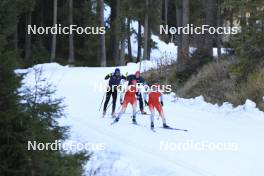 07.11.2024, Davos, Switzerland (SUI): Jeremy Finello (SUI), Kein Einaste (EST), coach Team Switzerland, Gion Stalder (SUI), Sebastian Stalder (SUI), (l-r) - Biathlon training, snowfarming track, Davos (SUI). www.nordicfocus.com. © Manzoni/NordicFocus. Every downloaded picture is fee-liable.