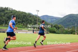 03.07.2024, Saint-Claude, France (FRA): Fabien Claude (FRA), Oscar Lombardot (FRA), (l-r) - Biathlon summer training, Premanon (FRA). www.nordicfocus.com. © Manzoni/NordicFocus. Every downloaded picture is fee-liable.