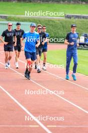 03.07.2024, Saint-Claude, France (FRA): Emilien Jacquelin (FRA), Eric Perrot (FRA), Fabien Claude (FRA), Romain Hurtault (FRA), Oscar Lombardot (FRA), (l-r) - Biathlon summer training, Premanon (FRA). www.nordicfocus.com. © Manzoni/NordicFocus. Every downloaded picture is fee-liable.