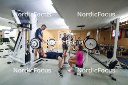 27.08.2024, Martell, Italy (ITA): Fabio Cianciana (ITA), coach Team Italy, Lukas Hofer (ITA), Andrea Zattoni (ITA), Didier Bionaz (ITA), Dorothea Wierer (ITA), (l-r) - Biathlon summer training, Martell (ITA). www.nordicfocus.com. © Vanzetta/NordicFocus. Every downloaded picture is fee-liable.