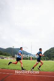 03.07.2024, Saint-Claude, France (FRA): Fabien Claude (FRA), Oscar Lombardot (FRA), (l-r) - Biathlon summer training, Premanon (FRA). www.nordicfocus.com. © Manzoni/NordicFocus. Every downloaded picture is fee-liable.