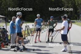 18.06.2024, Correncon-en-Vercors, France (FRA): Jean-Pierre Amat (FRA), Olympic Champion and shooting coach Team France, Eric Perrot (FRA), Emilien Jacquelin (FRA), Oscar Lombardot (FRA), Fabien Claude (FRA), Simon Fourcade (FRA), (l-r) - Biathlon summer training, Correncon-en-Vercors (FRA). www.nordicfocus.com. © Joly/NordicFocus. Every downloaded picture is fee-liable.