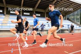 03.07.2024, Saint-Claude, France (FRA): Stephane Bouthiaux (FRA), Emilien Jacquelin (FRA), Eric Perrot (FRA), Fabien Claude (FRA), Oscar Lombardot (FRA), (l-r) - Biathlon summer training, Premanon (FRA). www.nordicfocus.com. © Manzoni/NordicFocus. Every downloaded picture is fee-liable.