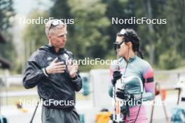 19.05.2024, Forni Avoltri, Italy (ITA): Jonne Kahkonen (FIN), coach Team Italy, Rebecca Passler (ITA), (l-r) - Biathlon summer training, Forni Avoltri (ITA). www.nordicfocus.com. © Del Fabbro/NordicFocus. Every downloaded picture is fee-liable.