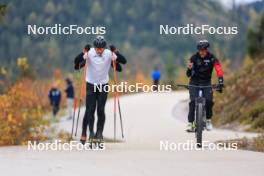 11.10.2024, Ramsau am Dachstein, Austria (AUT): Matthias Riebli (SUI), Silvano Demarmels (SUI), Daniel Hackhofer (ITA), coach Team Switzerland, (l-r) - Biathlon summer training, Dachsteinglacier, Ramsau am Dachstein (AUT). www.nordicfocus.com. © Manzoni/NordicFocus. Every downloaded picture is fee-liable.