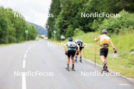 02.07.2024, Premanon, France (FRA): Eric Perrot (FRA), Oscar Lombardot (FRA), Fabien Claude (FRA), (l-r) - Biathlon summer training, Premanon (FRA). www.nordicfocus.com. © Manzoni/NordicFocus. Every downloaded picture is fee-liable.