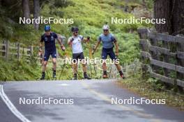 27.08.2024, Martell, Italy (ITA): Lukas Hofer (ITA), Patrick Braunhofer (ITA), Didier Bionaz (ITA), (l-r) - Biathlon summer training, Martell (ITA). www.nordicfocus.com. © Vanzetta/NordicFocus. Every downloaded picture is fee-liable.