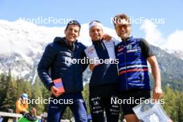 15.09.2024, Lenzerheide, Switzerland (SUI): Quentin Fillon Maillet (FRA), Oscar Lombardot (FRA), Antonin Guigonnat (FRA), (l-r) - Sommer Nordic Event 2024, Sommer Biathlon Cup, Lenzerheide (SUI). www.nordicfocus.com. © Manzoni/NordicFocus. Every downloaded picture is fee-liable.