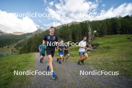 26.08.2024, Martell, Italy (ITA): Elia Zeni (ITA), Didier Bionaz (ITA), Andrea Zattoni (ITA), coach Team Italy, Tommaso Giacomel (ITA), (l-r) - Biathlon summer training, Martell (ITA). www.nordicfocus.com. © Vanzetta/NordicFocus. Every downloaded picture is fee-liable.