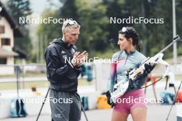 19.05.2024, Forni Avoltri, Italy (ITA): Jonne Kahkonen (FIN), coach Team Italy, Rebecca Passler (ITA), (l-r) - Biathlon summer training, Forni Avoltri (ITA). www.nordicfocus.com. © Del Fabbro/NordicFocus. Every downloaded picture is fee-liable.