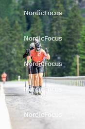 27.06.2024, Juf, Switzerland (SUI): Joscha Burkhalter (SUI), Gion Stalder (SUI), Sebastian Stalder (SUI), (l-r) - Biathlon summer training, Juf (SUI). www.nordicfocus.com. © Manzoni/NordicFocus. Every downloaded picture is fee-liable.