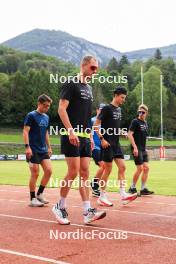 03.07.2024, Saint-Claude, France (FRA): Emilien Jacquelin (FRA), Oscar Lombardot (FRA), Eric Perrot (FRA), Fabien Claude (FRA), Romain Hurtault (FRA), (l-r) - Biathlon summer training, Premanon (FRA). www.nordicfocus.com. © Manzoni/NordicFocus. Every downloaded picture is fee-liable.