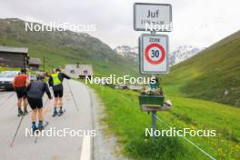 27.06.2024, Juf, Switzerland (SUI): Joscha Burkhalter (SUI), Gion Stalder (SUI), Sebastian Stalder (SUI), (l-r) - Biathlon summer training, Juf (SUI). www.nordicfocus.com. © Manzoni/NordicFocus. Every downloaded picture is fee-liable.