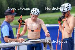 15.07.2024, Lenzerheide, Switzerland (SUI): Armin Auchentaller (ITA), Coach Team USA, Bjorn Westervelt (USA), Maxime Germain (USA), (l-r) - Biathlon summer training, Lenzerheide (SUI). www.nordicfocus.com. © Manzoni/NordicFocus. Every downloaded picture is fee-liable.