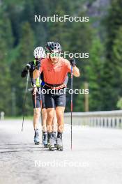 27.06.2024, Juf, Switzerland (SUI): Joscha Burkhalter (SUI), Gion Stalder (SUI), Sebastian Stalder (SUI), (l-r) - Biathlon summer training, Juf (SUI). www.nordicfocus.com. © Manzoni/NordicFocus. Every downloaded picture is fee-liable.