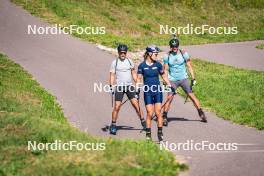 31.07.2024, Lavaze, Italy (ITA): Antonin Guigonnat (FRA), Anna Gandler (AUT), Emilien Claude (FRA), (l-r)  - Biathlon summer training, Lavaze (ITA). www.nordicfocus.com. © Barbieri/NordicFocus. Every downloaded picture is fee-liable.