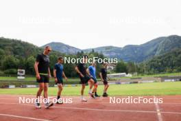 03.07.2024, Saint-Claude, France (FRA): Emilien Jacquelin (FRA), Oscar Lombardot (FRA), Eric Perrot (FRA), Fabien Claude (FRA), Romain Hurtault (FRA), (l-r) - Biathlon summer training, Premanon (FRA). www.nordicfocus.com. © Manzoni/NordicFocus. Every downloaded picture is fee-liable.