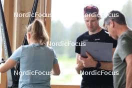 20.05.2024, Lenzerheide, Switzerland (SUI): Lea Meier (SUI), Kein Einaste (EST), coach Team Switzerland, Andreas Kuppelwieser (ITA), (l-r) - Biathlon summer training, Lenzerheide (SUI). www.nordicfocus.com. © Manzoni/NordicFocus. Every downloaded picture is fee-liable.