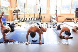 18.07.2024, Lenzerheide, Switzerland (SUI): Nikolas Burkhart (USA), Vincent Bonacci (USA), Maxime Germain (USA), (l-r) - Biathlon summer training, Lenzerheide (SUI). www.nordicfocus.com. © Manzoni/NordicFocus. Every downloaded picture is fee-liable.