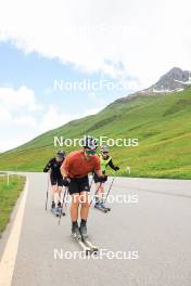 27.06.2024, Juf, Switzerland (SUI): Gion Stalder (SUI), Joscha Burkhalter (SUI), Sebastian Stalder (SUI), (l-r) - Biathlon summer training, Juf (SUI). www.nordicfocus.com. © Manzoni/NordicFocus. Every downloaded picture is fee-liable.