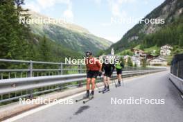 27.06.2024, Juf, Switzerland (SUI): Joscha Burkhalter (SUI), Gion Stalder (SUI), Sebastian Stalder (SUI), (l-r) - Biathlon summer training, Juf (SUI). www.nordicfocus.com. © Manzoni/NordicFocus. Every downloaded picture is fee-liable.