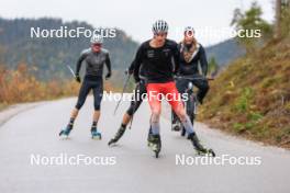 13.10.2024, Ramsau am Dachstein, Austria (AUT): Kein Einaste (EST), coach Team Switzerland, Sebastian Stalder (SUI), Joscha Burkhalter (SUI), Niklas Hartweg (SUI), (l-r) - Biathlon summer training, Ramsau am Dachstein (AUT). www.nordicfocus.com. © Manzoni/NordicFocus. Every downloaded picture is fee-liable.