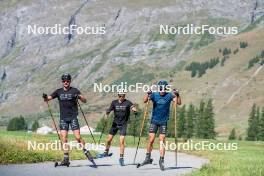 29.08.2024, Bessans, France (FRA): Emilien Jacquelin (FRA), Eric Perrot, Quentin Fillon-Maillet (FRA), (l-r) - Biathlon summer training, Bessans (FRA). www.nordicfocus.com. © Authamayou/NordicFocus. Every downloaded picture is fee-liable.