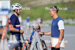 18.07.2024, Lenzerheide, Switzerland (SUI): Nikolas Burkhart (USA), Emil Bormetti (ITA), Coach Team USA, (l-r) - Biathlon summer training, Lenzerheide (SUI). www.nordicfocus.com. © Manzoni/NordicFocus. Every downloaded picture is fee-liable.