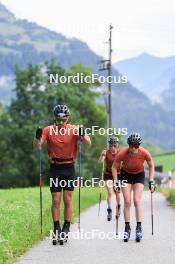 27.06.2024, Juf, Switzerland (SUI): Joscha Burkhalter (SUI), Elisa Gasparin (SUI), Aita Gasparin (SUI), (l-r) - Biathlon summer training, Juf (SUI). www.nordicfocus.com. © Manzoni/NordicFocus. Every downloaded picture is fee-liable.