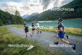 26.08.2024, Martell, Italy (ITA): Andrea Zattoni (ITA), coach Team Italy, Dominik Windisch (ITA), Tommaso Giacomel (ITA), Didier Bionaz (ITA), (l-r) - Biathlon summer training, Martell (ITA). www.nordicfocus.com. © Vanzetta/NordicFocus. Every downloaded picture is fee-liable.