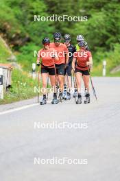 27.06.2024, Juf, Switzerland (SUI): Aita Gasparin (SUI), Joscha Burkhalter (SUI), Sebastian Stalder (SUI), Gion Stalder (SUI), Elisa Gasparin (SUI), (l-r) - Biathlon summer training, Juf (SUI). www.nordicfocus.com. © Manzoni/NordicFocus. Every downloaded picture is fee-liable.