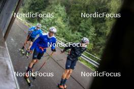 26.08.2024, Martell, Italy (ITA): Lukas Hofer (ITA), Didier Bionaz (ITA), Tommaso Giacomel (ITA), (l-r) - Biathlon summer training, Martell (ITA). www.nordicfocus.com. © Vanzetta/NordicFocus. Every downloaded picture is fee-liable.