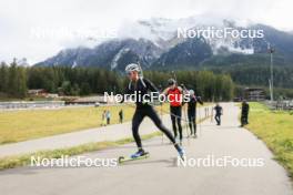 16.09.2024, Lenzerheide, Switzerland (SUI): Sebastian Stalder (SUI), Sandro Bovisi (SUI), Niklas Hartweg (SUI), (l-r) - Biathlon summer training, Lenzerheide (SUI). www.nordicfocus.com. © Manzoni/NordicFocus. Every downloaded picture is fee-liable.