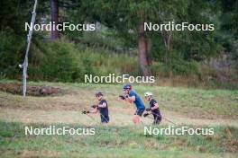 29.08.2024, Bessans, France (FRA): Emilien Jacquelin (FRA), Quentin Fillon-Maillet (FRA), Eric Perrot, (l-r) - Biathlon summer training, Bessans (FRA). www.nordicfocus.com. © Authamayou/NordicFocus. Every downloaded picture is fee-liable.