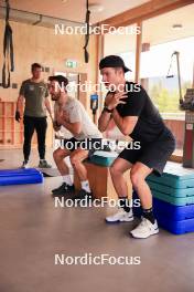 20.05.2024, Lenzerheide, Switzerland (SUI): Andreas Kuppelwieser (ITA), coach Team Switzerland, Joscha Burkhalter (SUI), Niklas Hartweg (SUI), (l-r) - Biathlon summer training, Lenzerheide (SUI). www.nordicfocus.com. © Manzoni/NordicFocus. Every downloaded picture is fee-liable.