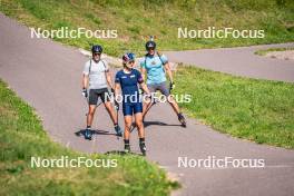 31.07.2024, Lavaze, Italy (ITA): Antonin Guigonnat (FRA), Anna Gandler (AUT), Emilien Claude (FRA), (l-r)  - Biathlon summer training, Lavaze (ITA). www.nordicfocus.com. © Barbieri/NordicFocus. Every downloaded picture is fee-liable.