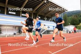 03.07.2024, Saint-Claude, France (FRA): Stephane Bouthiaux (FRA), Emilien Jacquelin (FRA), Eric Perrot (FRA), Fabien Claude (FRA), Oscar Lombardot (FRA), (l-r) - Biathlon summer training, Premanon (FRA). www.nordicfocus.com. © Manzoni/NordicFocus. Every downloaded picture is fee-liable.