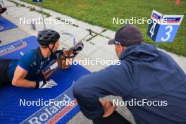 04.09.2024, Lenzerheide, Switzerland (SUI): Vetle Sjaastad Christiansen (NOR), Siegfried Mazet (FRA) coach team Norway, (l-r) - Biathlon summer training, Lenzerheide (SUI). www.nordicfocus.com. © Manzoni/NordicFocus. Every downloaded picture is fee-liable.