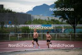 15.06.2024, Grenoble, France (FRA): Emilien Jacquelin (FRA), Oscar Lombardot (FRA), (l-r) - Biathlon summer training, Grenoble (FRA). www.nordicfocus.com. © Joly/NordicFocus. Every downloaded picture is fee-liable.