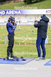 15.09.2024, Lenzerheide, Switzerland (SUI): Lou Jeanmonnot (FRA), Lionel Laurent (FRA), media coordinator Team France, (l-r) - Sommer Nordic Event 2024, Sommer Biathlon Cup, Lenzerheide (SUI). www.nordicfocus.com. © Manzoni/NordicFocus. Every downloaded picture is fee-liable.