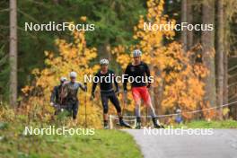 13.10.2024, Ramsau am Dachstein, Austria (AUT): Kein Einaste (EST), coach Team Switzerland, Sebastian Stalder (SUI), Joscha Burkhalter (SUI), Niklas Hartweg (SUI), (l-r) - Biathlon summer training, Ramsau am Dachstein (AUT). www.nordicfocus.com. © Manzoni/NordicFocus. Every downloaded picture is fee-liable.