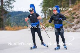 11.10.2024, Ramsau am Dachstein, Austria (AUT): Julia Simon (FRA), Sophie Chauveau (FRA), (l-r) - Biathlon summer training, Dachsteinglacier, Ramsau am Dachstein (AUT). www.nordicfocus.com. © Manzoni/NordicFocus. Every downloaded picture is fee-liable.