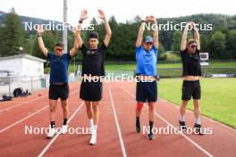 03.07.2024, Saint-Claude, France (FRA): Oscar Lombardot (FRA), Eric Perrot (FRA), Fabien Claude (FRA), Romain Hurtault (FRA), (l-r) - Biathlon summer training, Premanon (FRA). www.nordicfocus.com. © Manzoni/NordicFocus. Every downloaded picture is fee-liable.