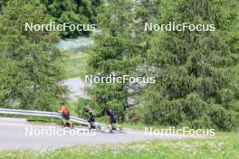 27.06.2024, Juf, Switzerland (SUI): Joscha Burkhalter (SUI), Sebastian Stalder (SUI), Gion Stalder (SUI), (l-r) - Biathlon summer training, Juf (SUI). www.nordicfocus.com. © Manzoni/NordicFocus. Every downloaded picture is fee-liable.